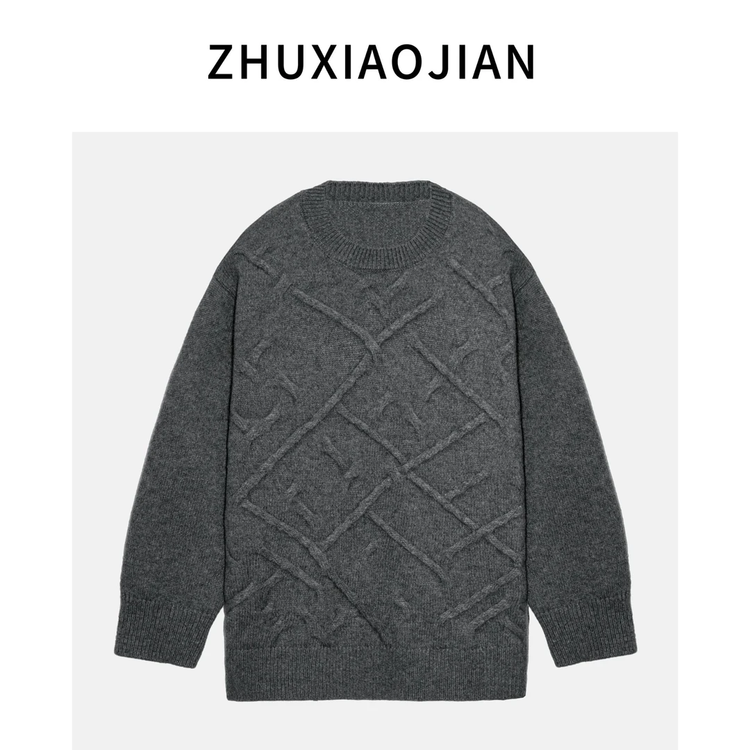 2025新款牦牛绒圆领毛衣绞花小众设计慵懒宽松针织衫廓形8252