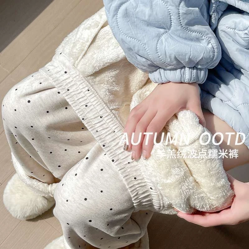 大码300斤胖mm加绒加厚波点糯米阔腿裤裤秋冬款休闲宽松显瘦软糯