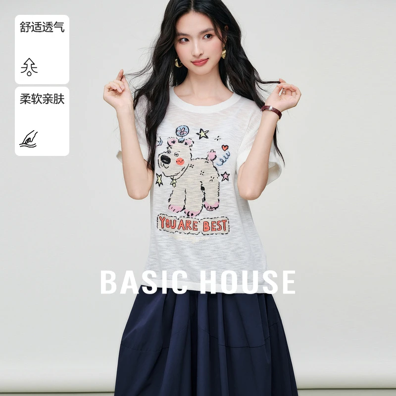 Basic House/百家好夏季新款时尚显瘦设计短袖针织衫-B0625B5X602