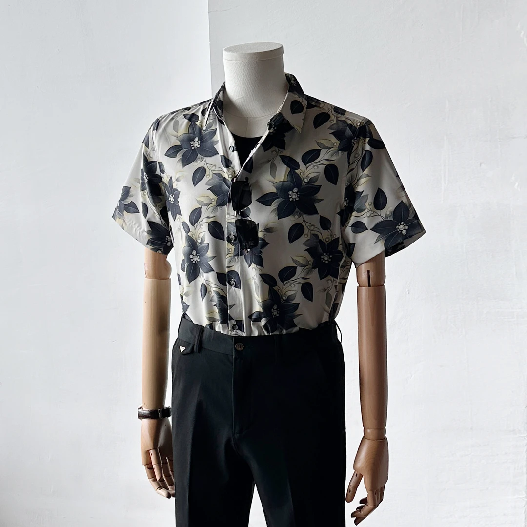 夏季印花冰丝衬衫男短袖高级感时尚休闲通勤免烫衬衣潮流痞帅上衣