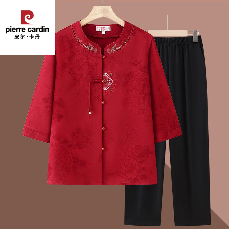 皮尔卡丹奶奶装夏季中袖衬衫女老年人妈妈喜庆唐装衬衣老太太衣服