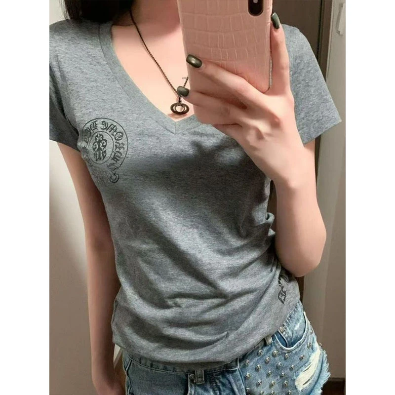 美式复古辣妹V领字母印花正肩短袖t恤夏季新款高街修身显瘦上衣潮