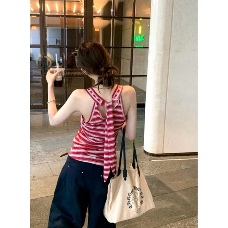 【现货次日发】秋季红色条纹吊带背心别致绝美港风修身显瘦无袖上衣