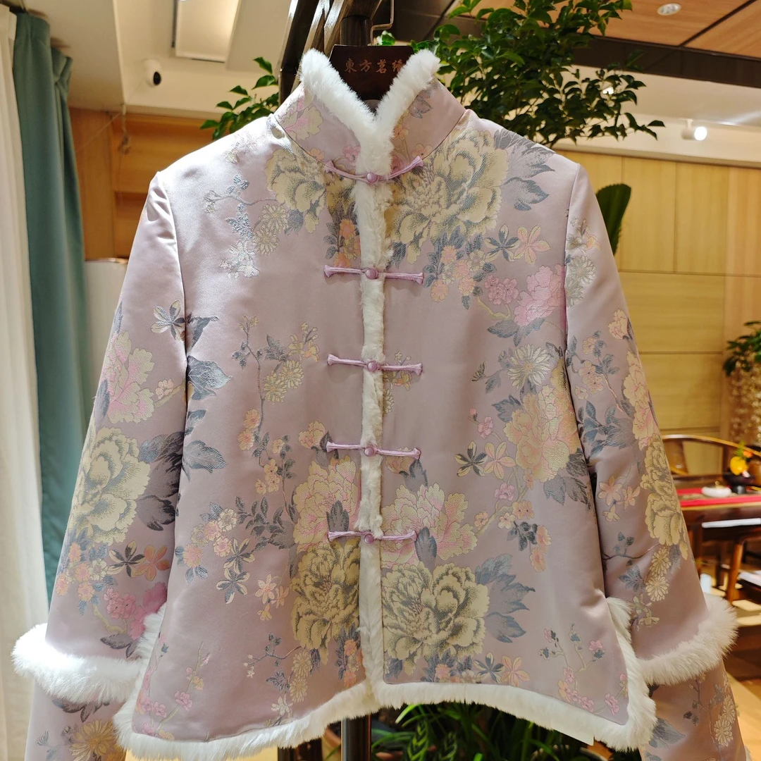 织锦缎粉色秋冬季外套新中式花卉外套