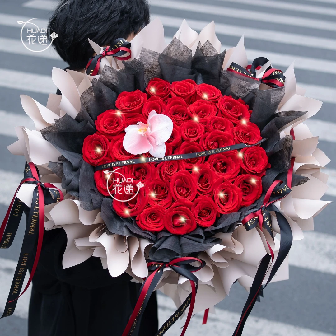 【爱火燎原 高端红玫瑰蝴蝶兰】33枝红玫瑰花束鲜花送女友送老婆鲜花订购同城配送花递鲜花小时达