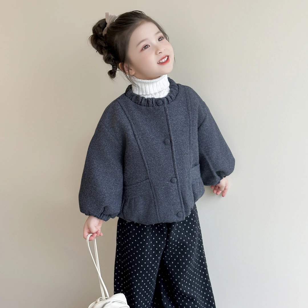 秋冬秋季花边领女童单排扣普通外套常规款休闲风纯色百搭外穿保暖