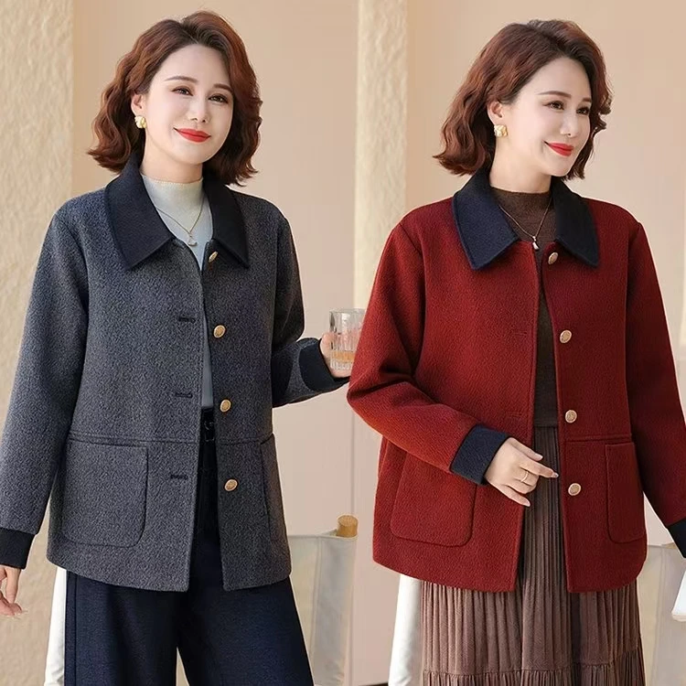 中老年妈妈装秋季新款高端大气翻领时尚毛呢大衣