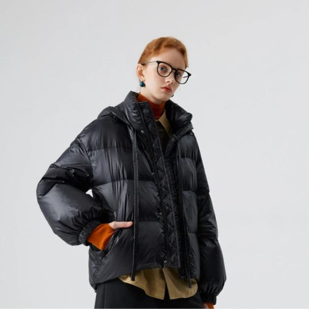 EIN/言文艺多巴胺高领连帽装饰系带面包服泡芙短轻羽绒服25秋冬新