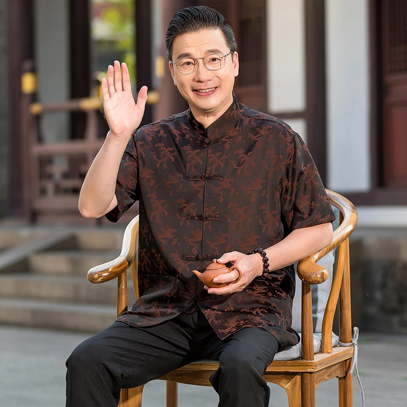 爷爷夏装套装唐装男中老年爸爸夏季短袖老年人衣服宽松衬衫60岁70