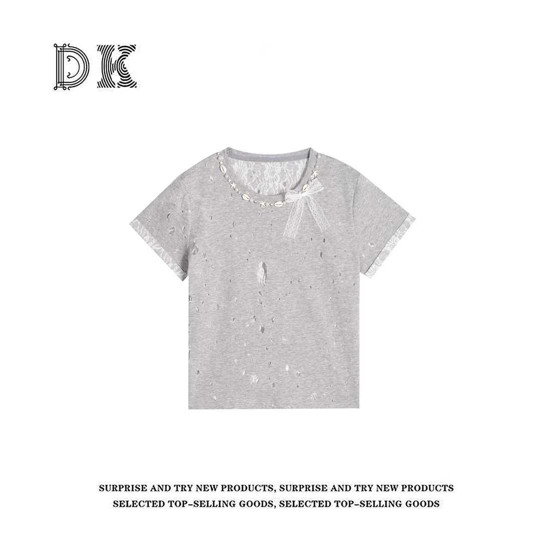 『慵懒千金』2025年夏季新款重工设计感拼接蕾丝上衣【DK】