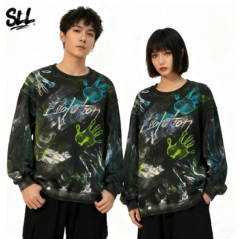 重磅420g潮牌洗水做旧宽松圆领卫衣男女同款春秋纯棉秋衣男