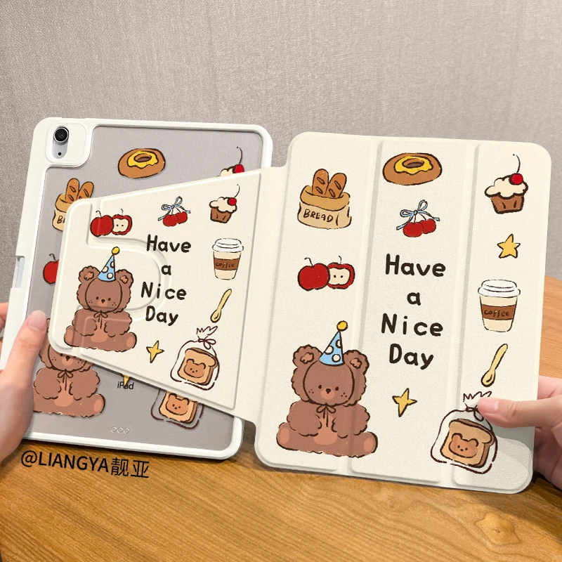 【三折旋转亚克力】快乐小熊苹果ipad11平板保护套air7华为小米硬壳