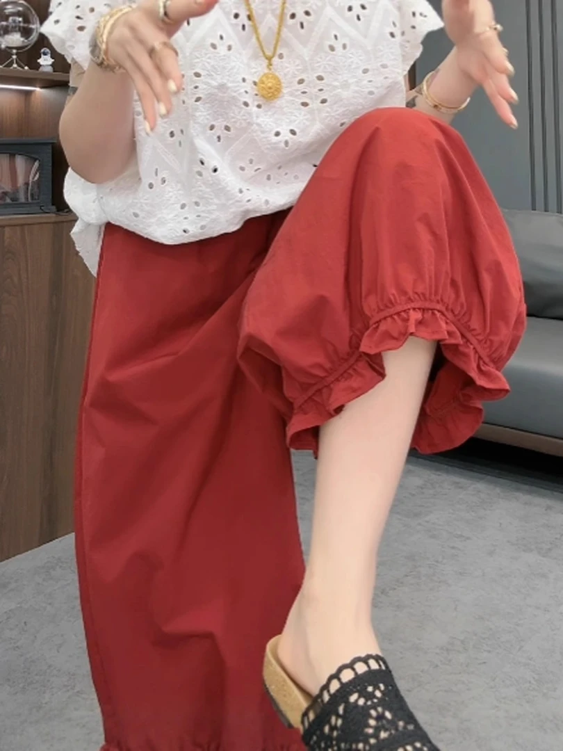 束脚花边灯笼裤女2025年夏季欧货休闲松紧腰九分奶奶裤速干阔腿裤