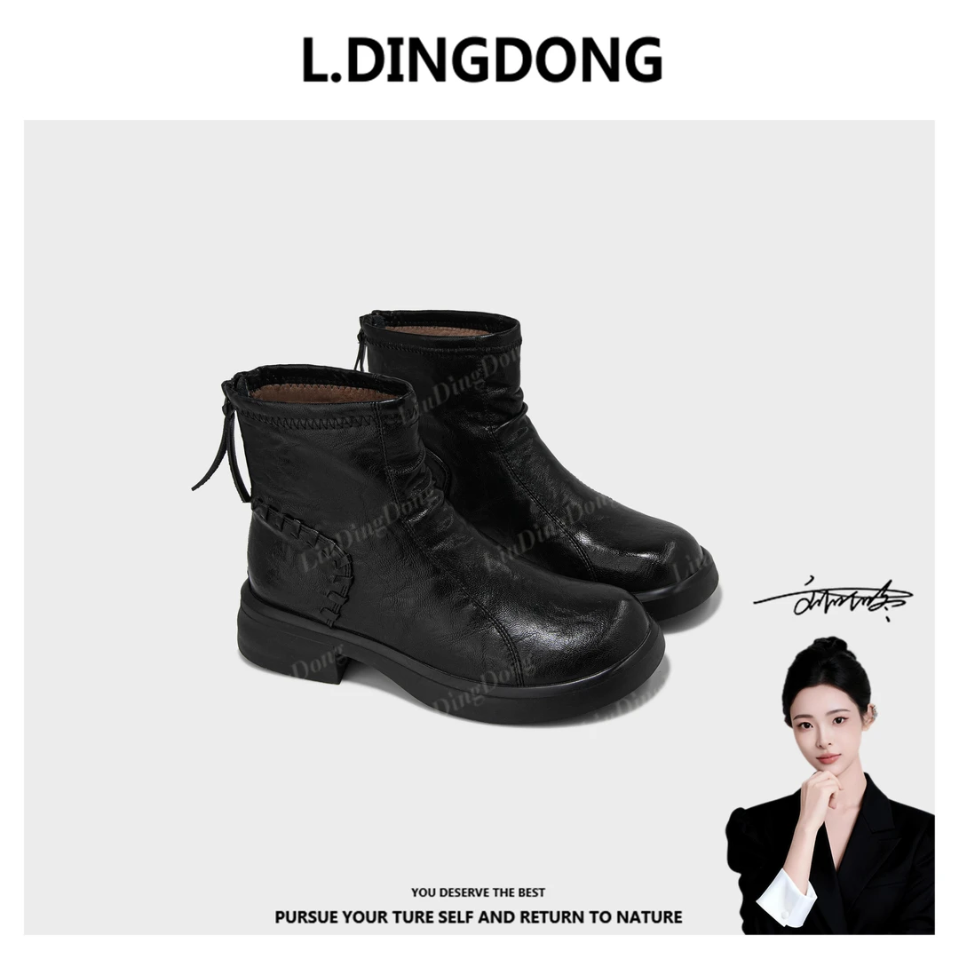 【刘叮咚女鞋】9239新款后拉链圆头舒适百搭软底时尚编织马丁靴