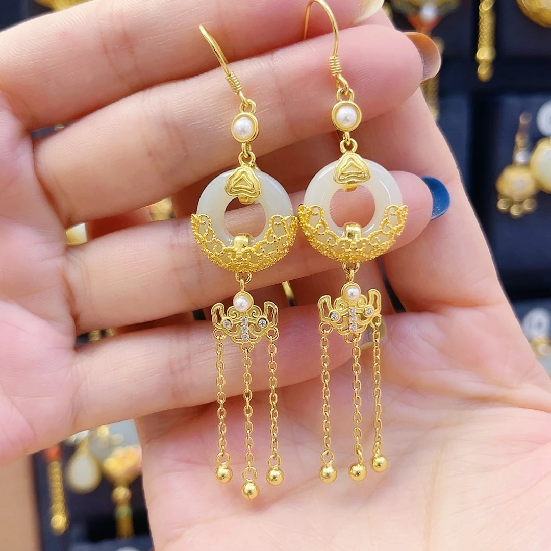 和田玉银S925镀金镶嵌耳饰