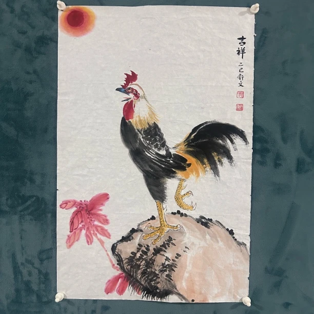 舒文手绘国画花公鸡吉祥图适合玄关收藏装饰
