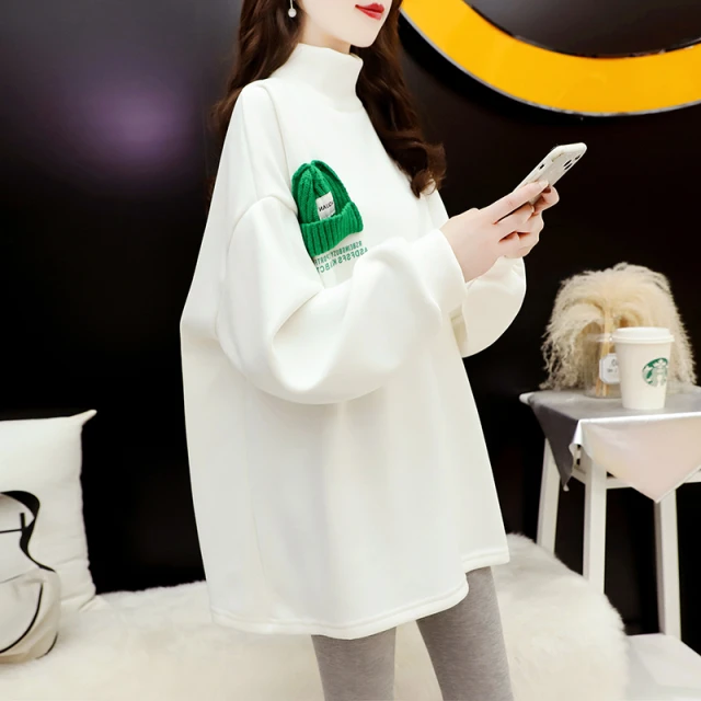 半高领长袖t恤女春秋韩版宽松大码中长款早春加绒小衫内搭打底衫