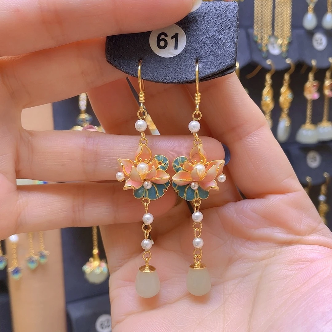 和田玉银S925镀金镶嵌耳饰