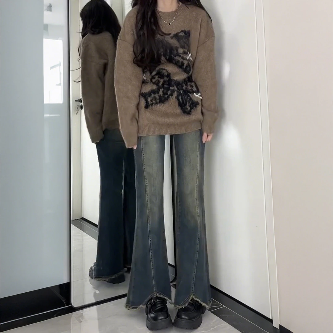 复古毛边微喇牛仔裤女秋季新款胖妹妹mm弹力显瘦梨形身材喇叭裤子