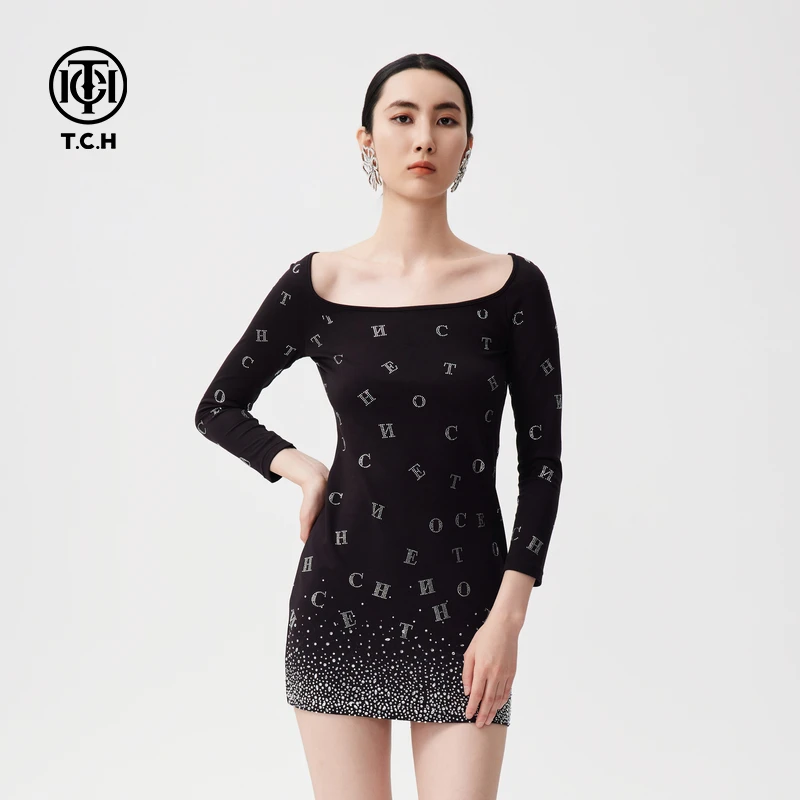 TCH轻奢2025秋季新款潮牌烫钻时尚收腰连衣裙女T72C306039私服tch