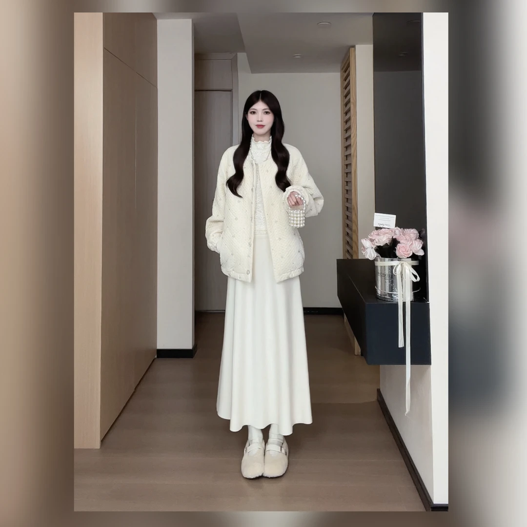 松本丧丧杏色菱格棉服星钻织纹花瓣扣衬柔暖质感秋冬B254F0041