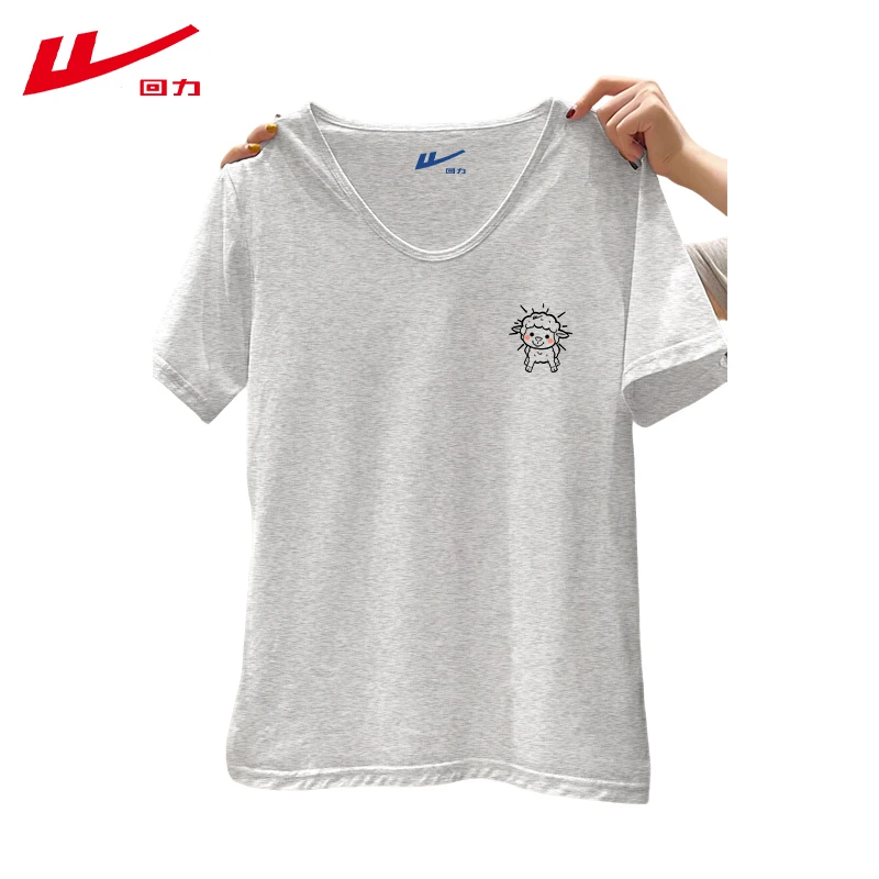 回力白灰色夏季夏装外穿棉韩版短袖T恤女常规正肩V领法式上衣服