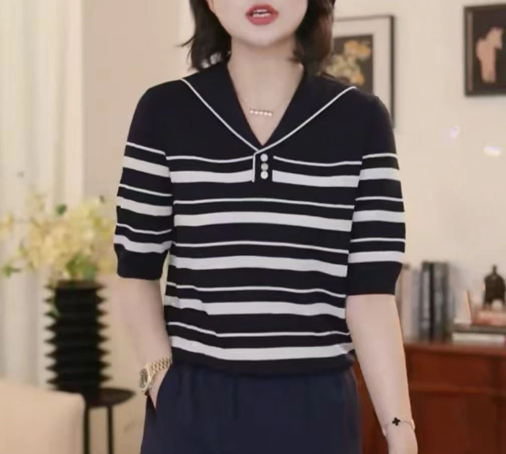 【100莱赛尔天丝】五分袖80-170斤纽扣海军领条纹针织休闲时尚上衣