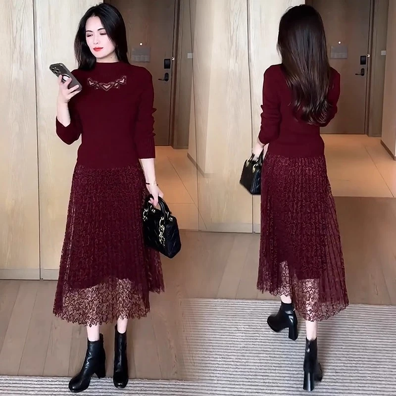 时尚针织连衣裙女2025秋冬新款洋气显瘦中长款拼接百搭打底裙子潮