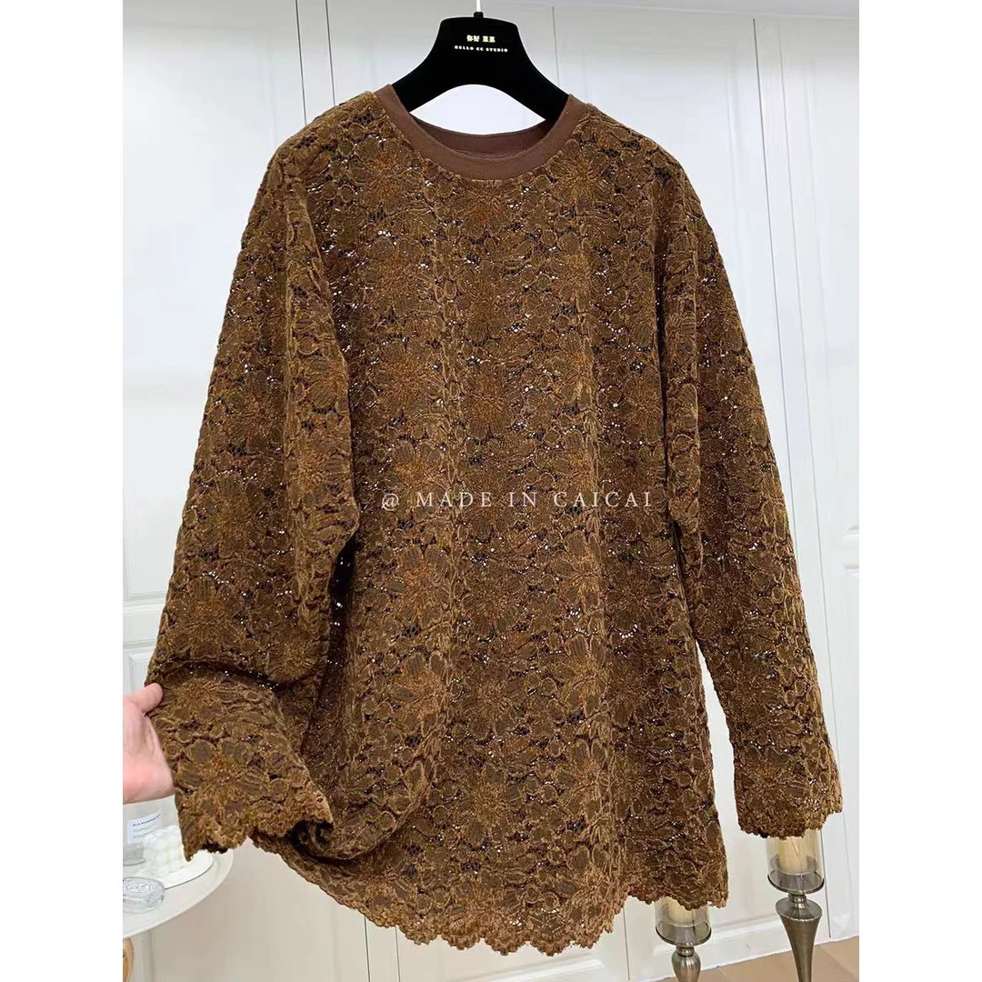 【娇娇专属】蕾丝刺绣镂空长袖T恤女新款韩范设计感宽松上衣1310