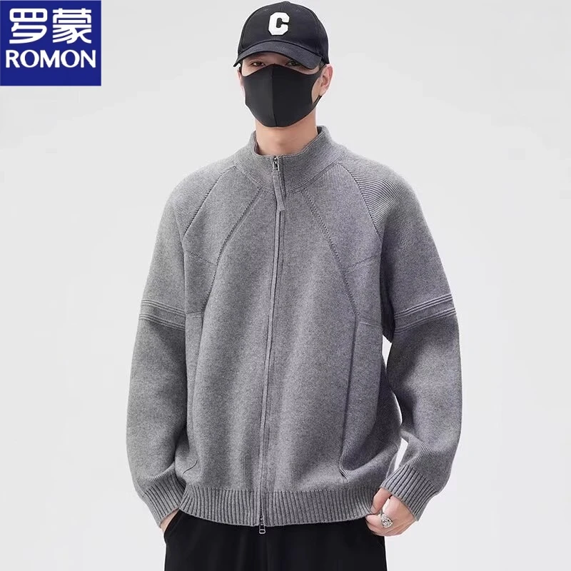 罗蒙重磅混纺立领拼接针织卫衣外套男复古宽松休闲毛衣开衫春秋季