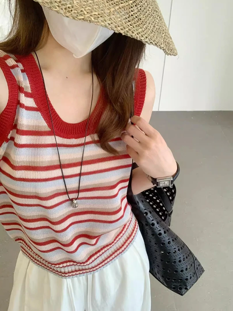 无袖条纹T恤洋气显瘦甜美可爱风格衣服百搭外出女装短款上衣  薄