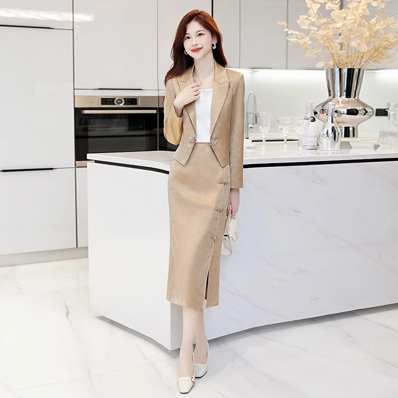 西装套装裙女春秋2025新款设计感气质新中式包臀半裙职业装两件套