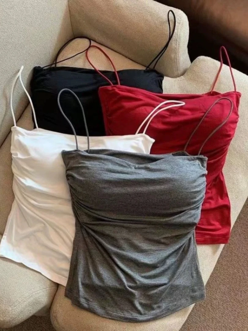 辣妹纯欲褶皱吊带背心女夏季细肩带内搭美式甜辣风无袖小上衣外穿