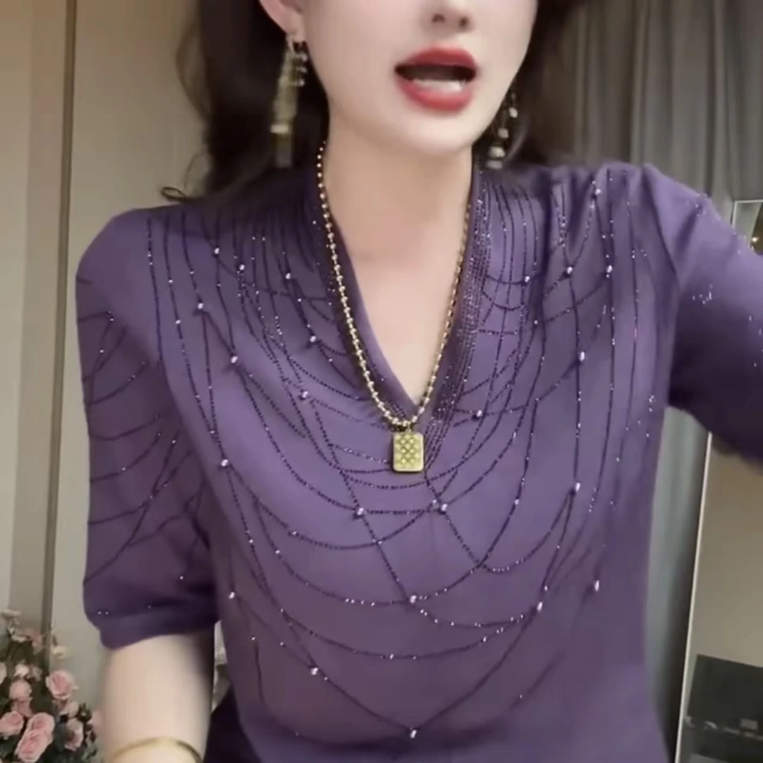 V领镶钻新潮风中袖钉珠T恤长袖五分袖烫钻百搭蕾丝1176