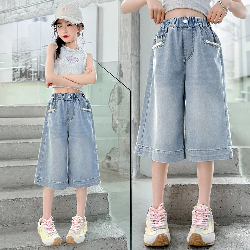 女童薄款牛仔裤夏季新款儿童七分宽松阔腿裤女孩大童洋气休闲中裤