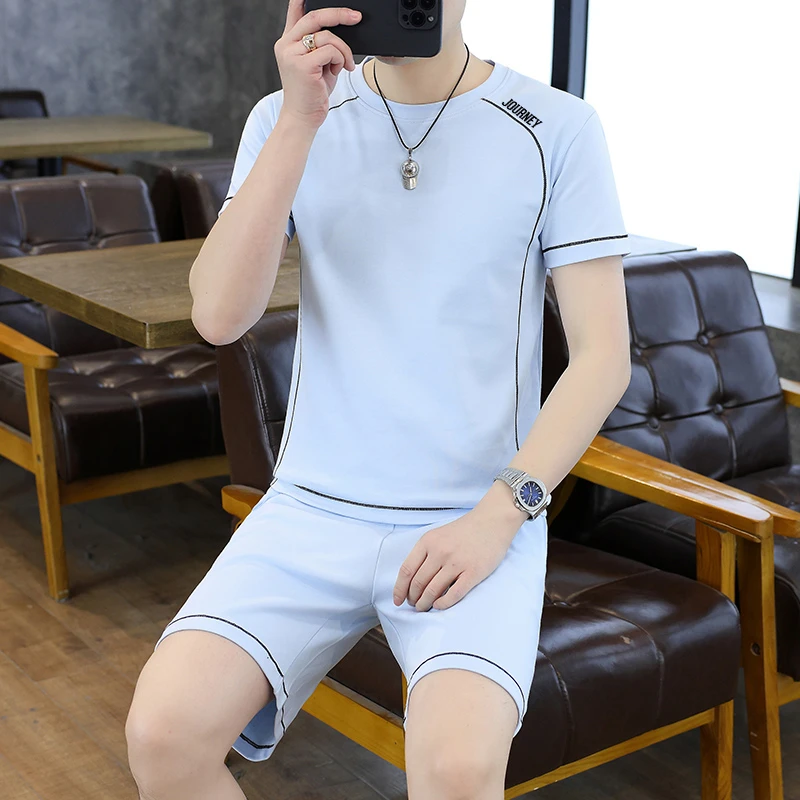 男夏季新款轻奢纯棉套装异色走线印花简约清爽百搭显瘦棉清凉透气