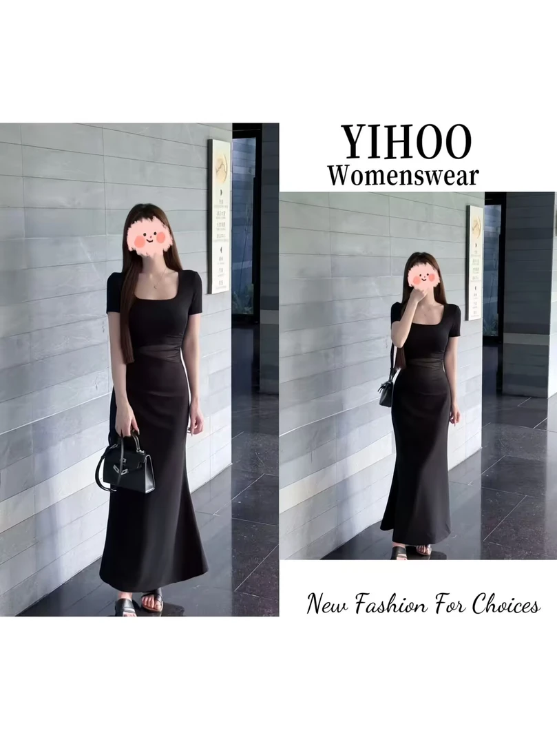 法式慵懒纯欲风方领连衣裙女2025秋季新款高级感收腰减龄鱼尾长裙