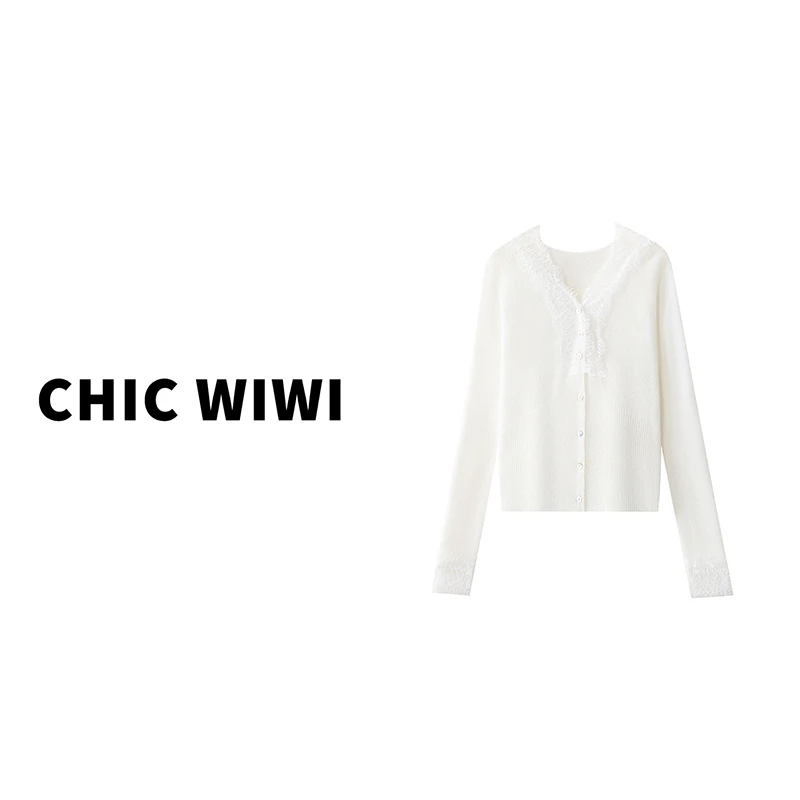 CHIC WIWI花边v领针织开衫女收腰修身时尚减龄温柔风上衣ZY035343