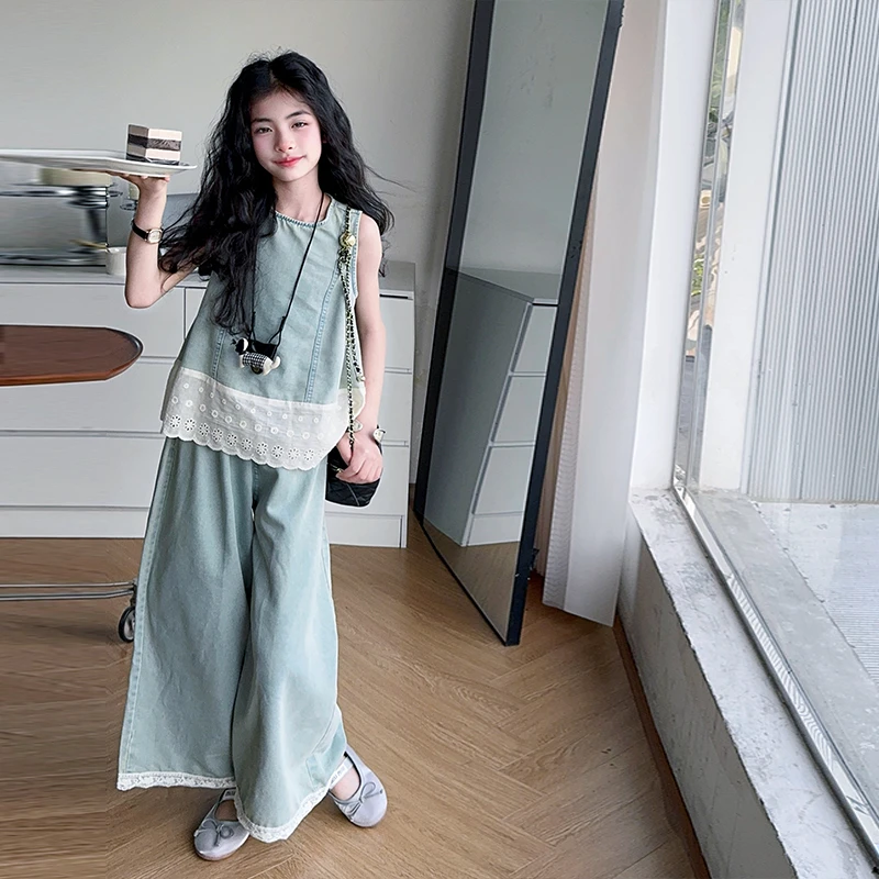 【酷哒仔】女童蕾丝花边牛仔两件套装2025夏季中大童女孩子复古套装
