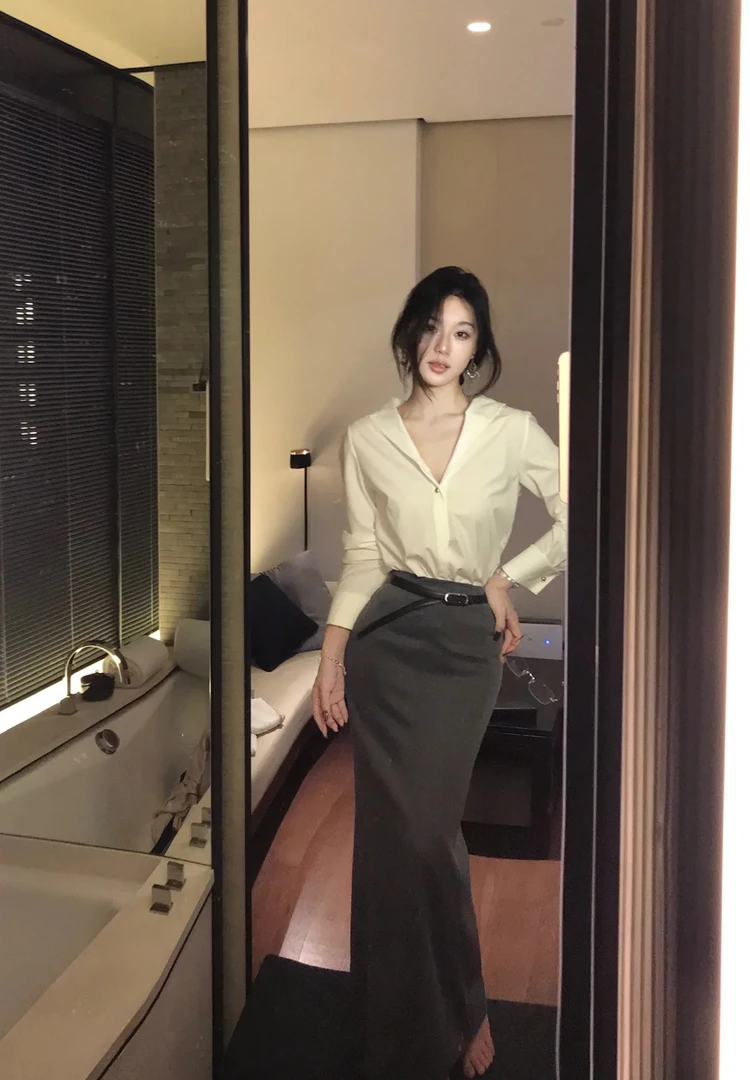 【Yijia】气质干练轻职风御姐白色衬衫上衣女装秋季灰色一步半身裙