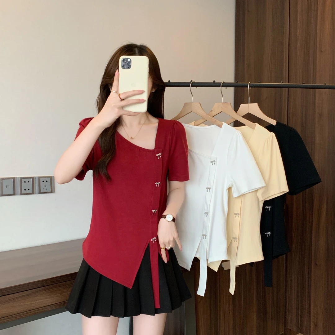 清大码夏季新款胖mm蝴蝶结不规则短袖T恤设计感正肩显瘦上衣64271