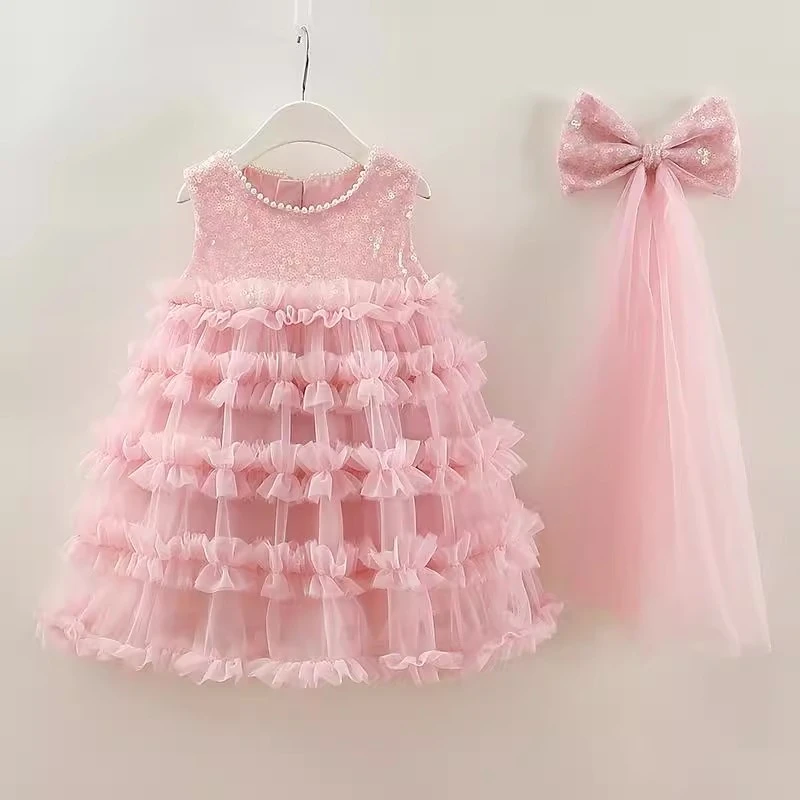 女童连衣裙夏2025新款洋气女宝宝周岁背心裙礼服层层蛋糕裙带头纱