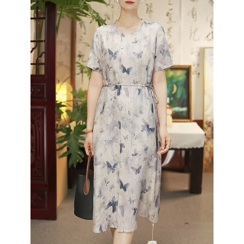 【银丝霞锦】新款春夏桑蚕丝连衣裙新款夏季优雅时尚中长裙12533