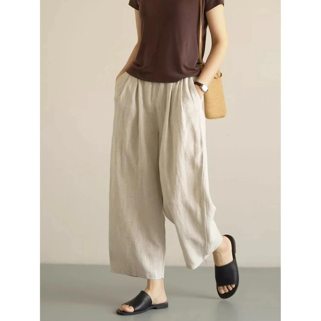 【现货+运费险】棉麻阔腿裤九分薄款春夏复古宽松高腰直筒裤休闲裤