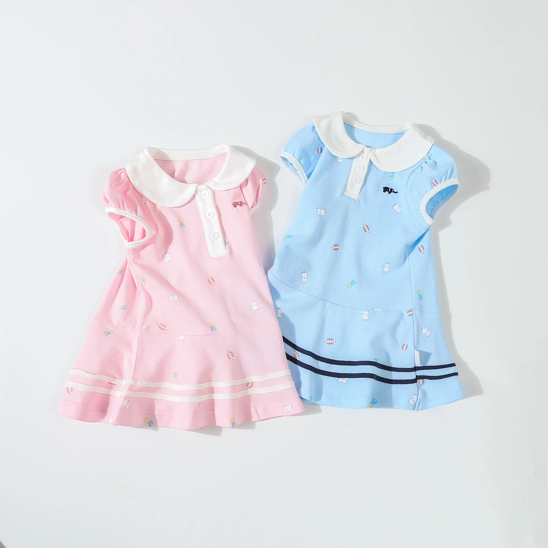 女童纯棉裙子夏季新款A类女童娃娃领短袖裙子多巴胺连衣裙polo裙