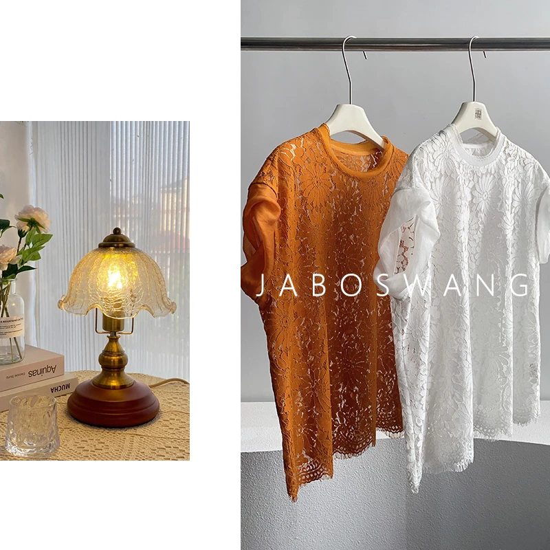 S1204雏菊蕾丝衫2025夏季新款时尚百搭圆领印花拼接度假风