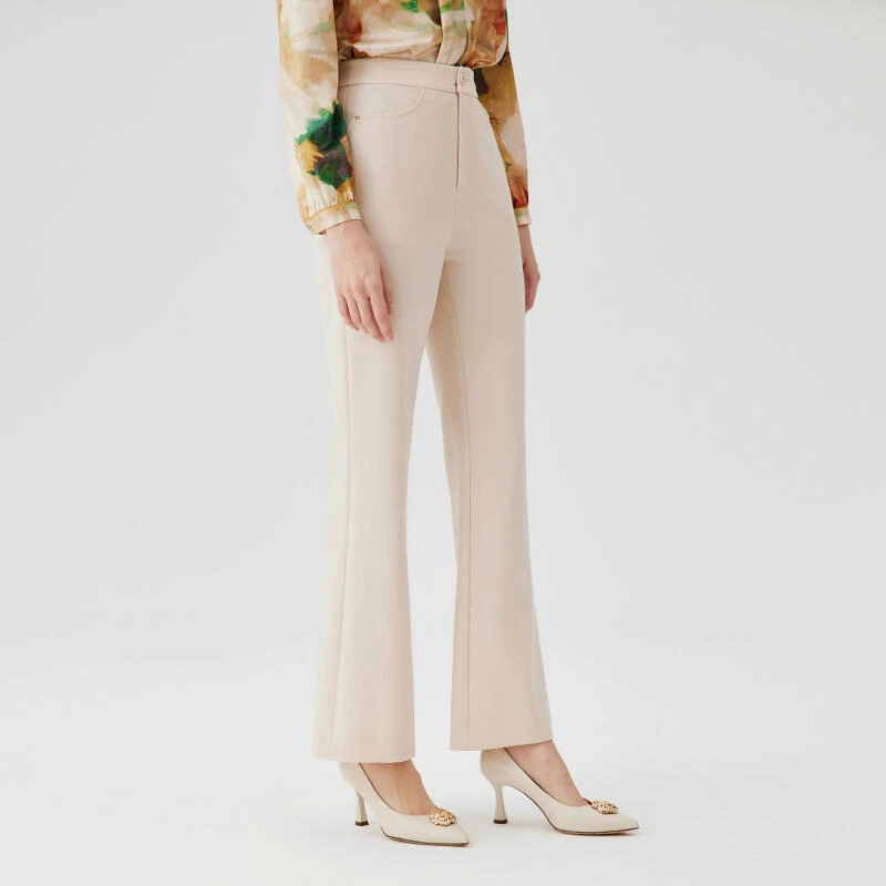 显瘦显腿长优雅休闲裤春夏新款女米杏色喇叭加长裤ZV02271
