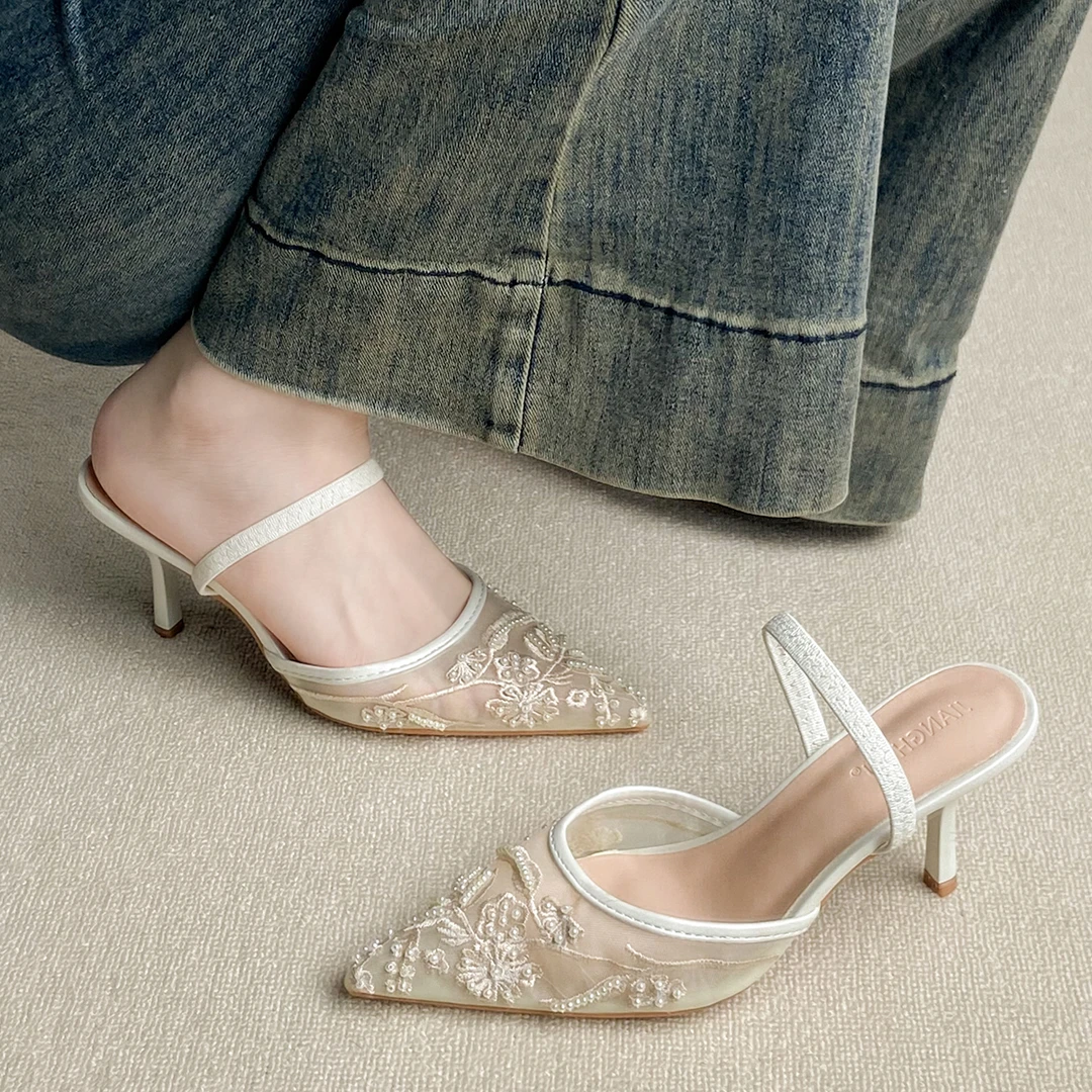 春夏新中式刺绣绝美凉拖高跟鞋配旗袍浅口包头订婚小个子半拖单鞋