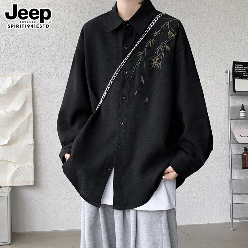 新中式国风刺绣衬衫男长袖春秋潮牌设计高级垂感复古休闲衬衣外套