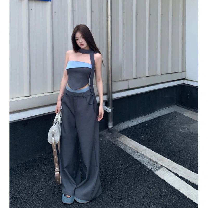 御姐设计感撞色抹胸上衣夏季套装阔腿西装长裤新款时尚两件套女装
